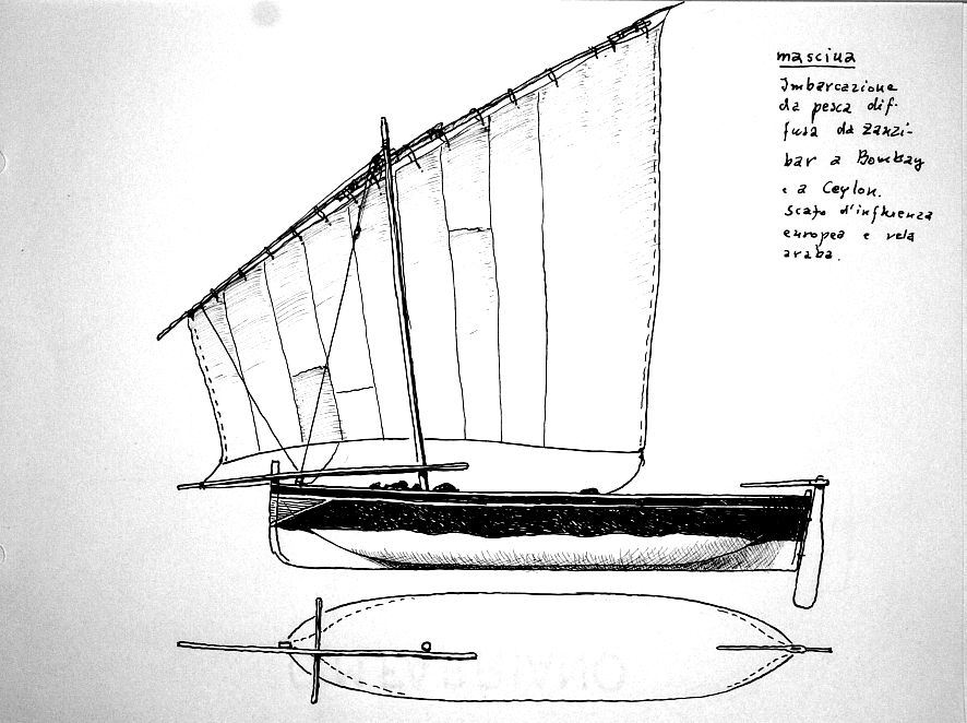 Masciua, imbarcazione da pesca diffusa da Zanzibar a Bombay e a Ceylon. Scafo d'influenza europea e vela araba