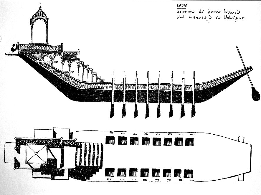 India - schema di barca lusoria del maharaja di Udaipur