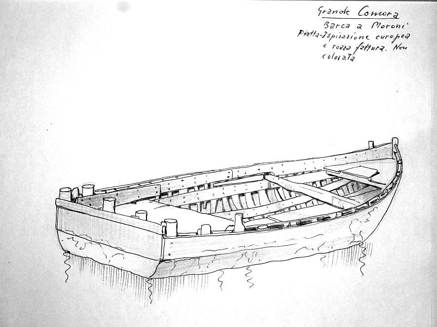 Grande Comora - barca a Moroni - piatta d'ispirazione europea e rozza fattura. Non colorata