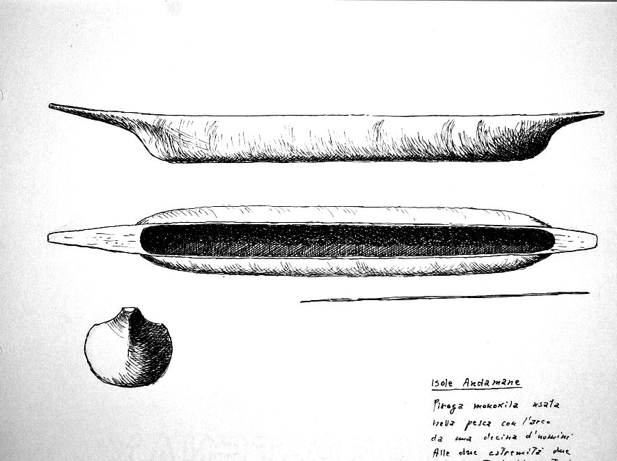 Isole Andamane - piroga monossila usata nella pesca con l'arco da una decina di uomini. Alle estremità due manovratori di pertiche