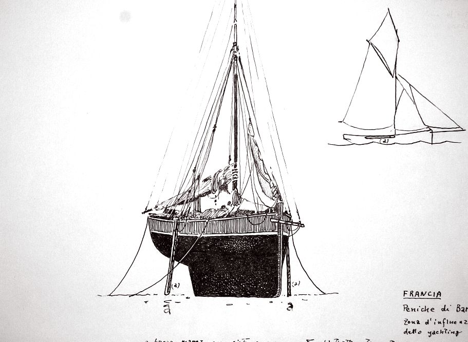 Francia - peniche di Barfleur - zona di influenza dello yachting. A bassa marea con sistema permanente di trattenuta verticale (a)