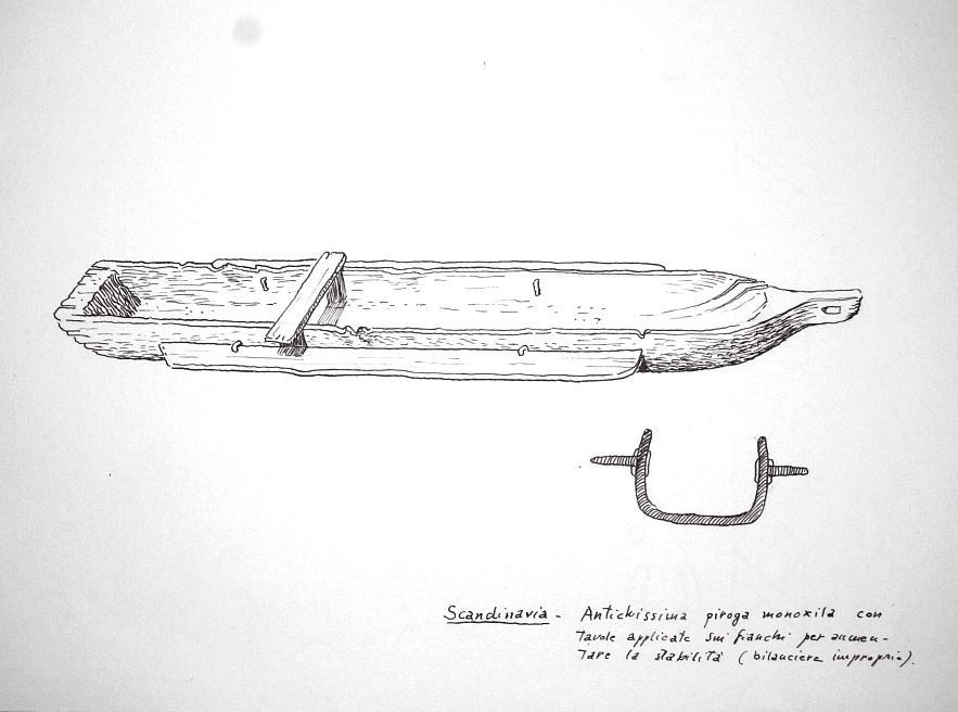 Scandinavia - antichissima piroga monoxila con tavole applicate sui fianchi per aumentare la stabilità (bilancere improprio)