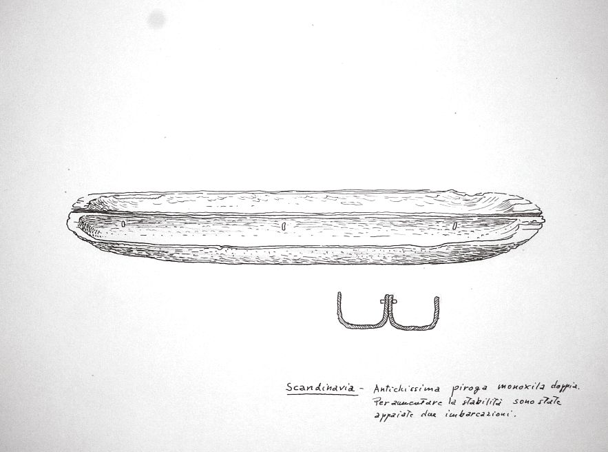 Scandinavia - antichissima piroga monoxila doppia. Per aumentare la stabilità sono state appaiate due imbarcazioni