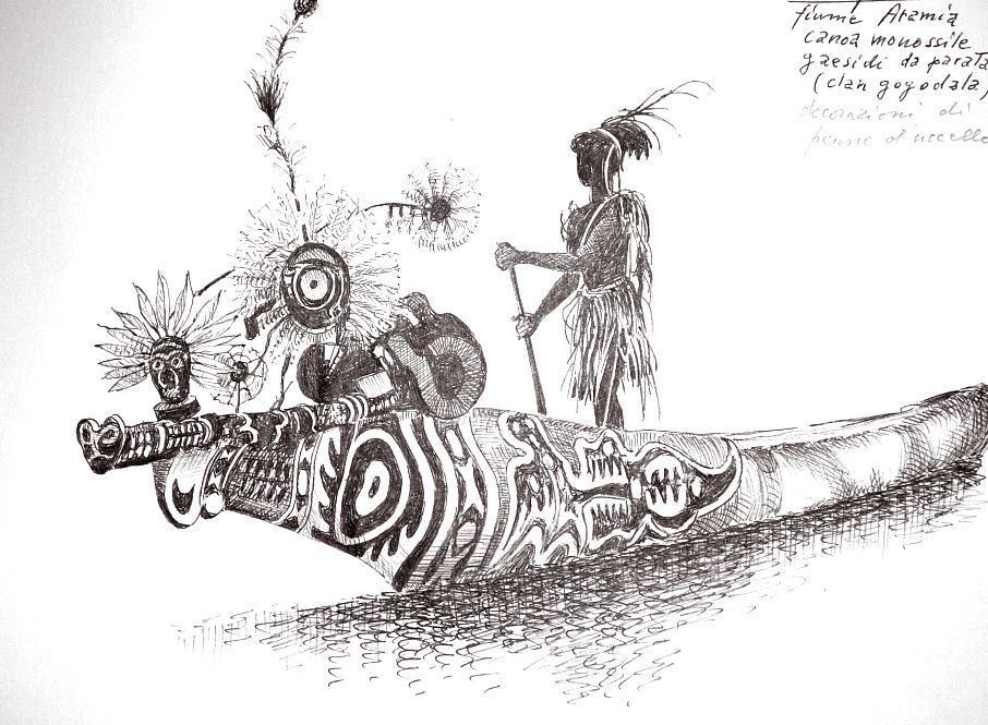Nuova Guinea - fiume Aramia - canoa monossile da parata (clan gogodala) - decorazioni di penne d'uccello