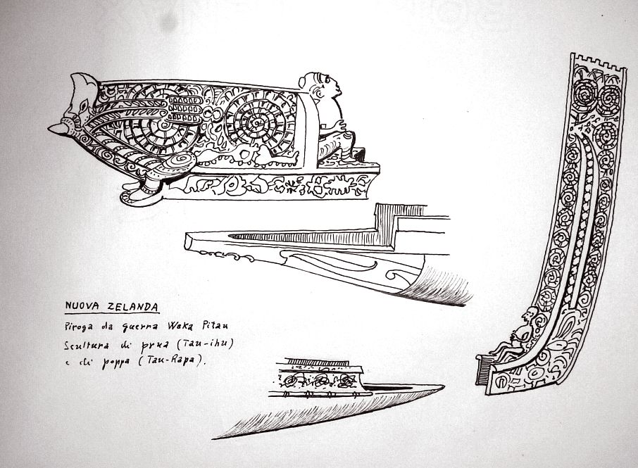 Nuova zelanda - piroga da guerra Waka Pitau - scultura di prua (tau-ihu) e di poppa (tau-rapa)