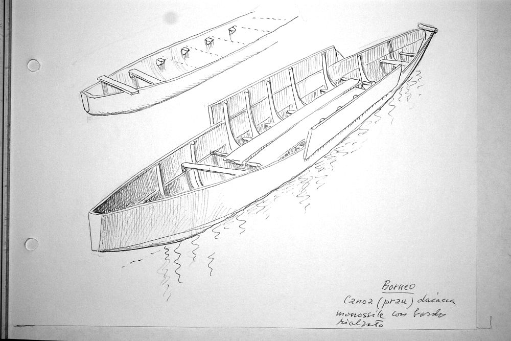 Borneo - canoa (paru) daiacca monossile con bordo rialzato