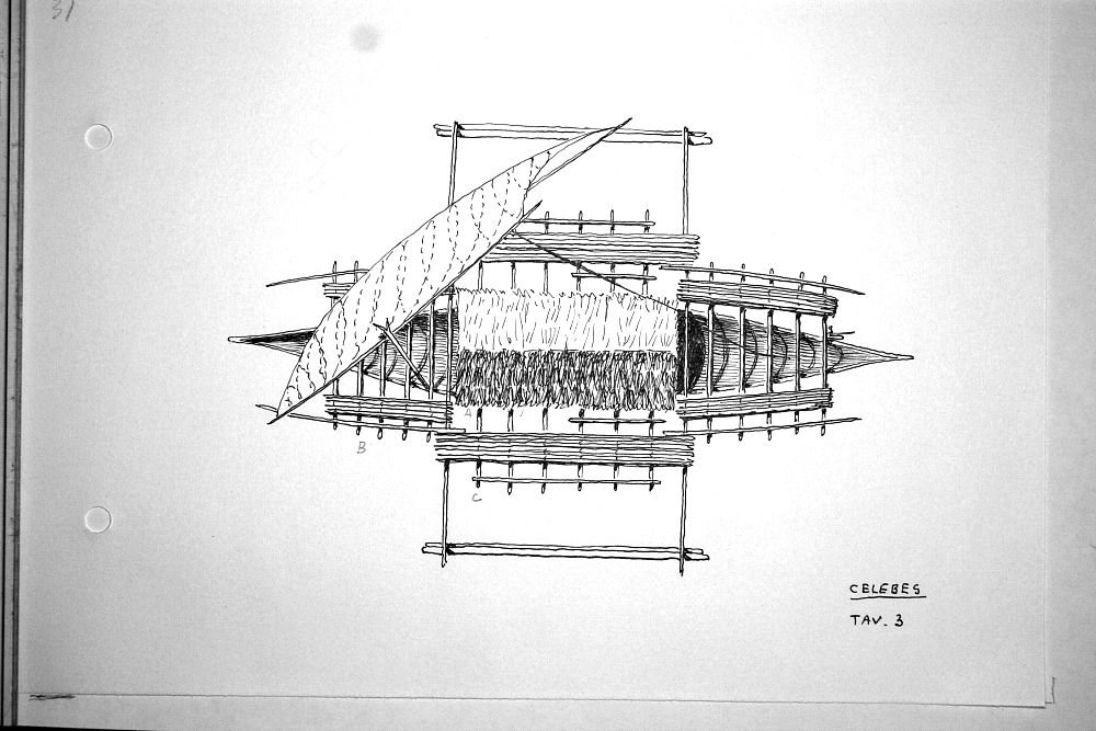 Celebes -Penisola di Minahasa - menado - schema di grande piroga da carico a tre ordini di remi e vela - tav.3
