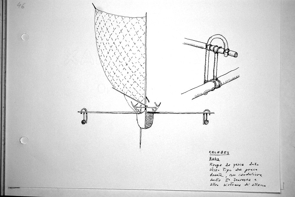 Celebes - Raha - piroga da pesca dello stesso tipo della precedente, con candeliere sulla seconda traversa e altro sistema di attacco