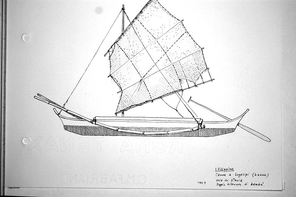 Filippine - canoe a Legaspi (Luzon) - vela di stuoia, doppio bilanciere di bambu' - tav.1
