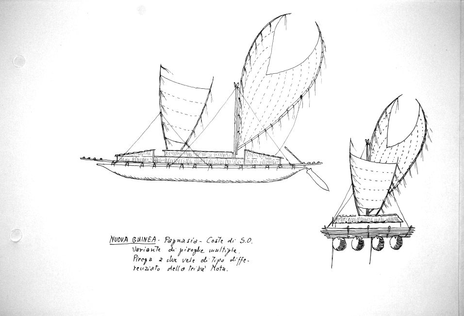 Nuova Guinea - Papuasia - coste di Sud-Ovest - variante di piroghe multiple. Variante a due vele di tipo differenziato della tribu' Motu