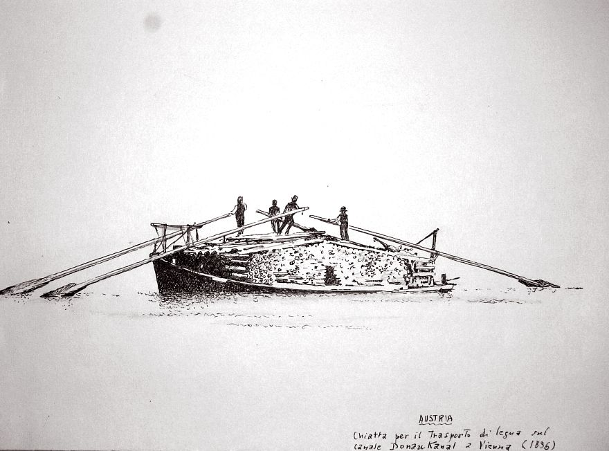 Austria - chiatta per il trasporto del legno sul Donau Kanal a Vienna (1896)