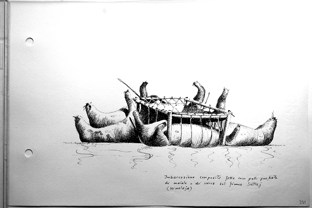 Imbarcazione composita fatta con pelli gonfiate di maiale o vacca sul fiume Sutlej (Himalaya)
